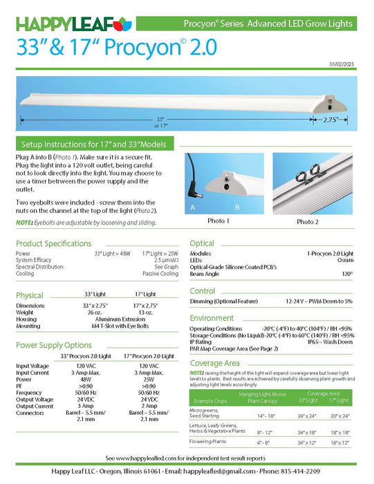 HappyLeaf Procyon 2.0 LED grow light bar (33", 17"). Detailed specifications, setup, and plant coverage data.