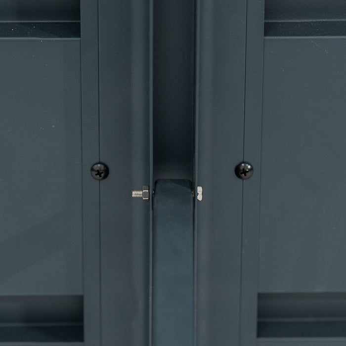 Dark grey resin outdoor storage cabinet panel detail with metal bolt, nut, and screws for assembly.