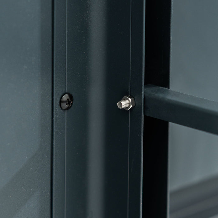 Dark grey metal structure with black screw and silver hex bolt fastening detail.