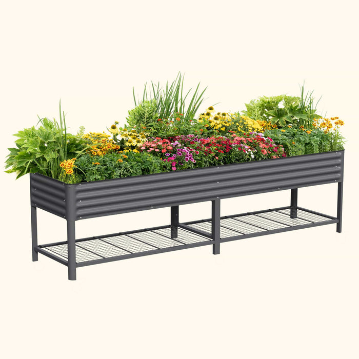 Dark grey corrugated galvanized steel raised garden bed planter with colorful flowers and lower storage shelf.