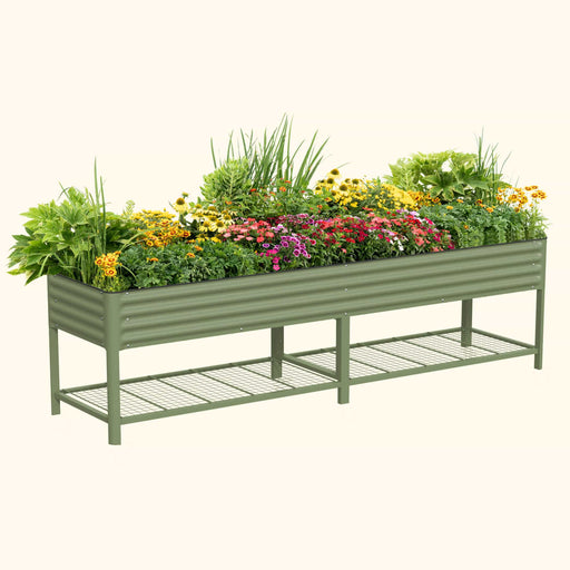 Long olive green corrugated metal raised garden bed, elevated with colorful flowers, plants & a lower storage shelf.