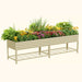 Tan corrugated metal raised garden bed with vibrant flowers, green plants, and a mesh storage shelf. Ideal for gardening.