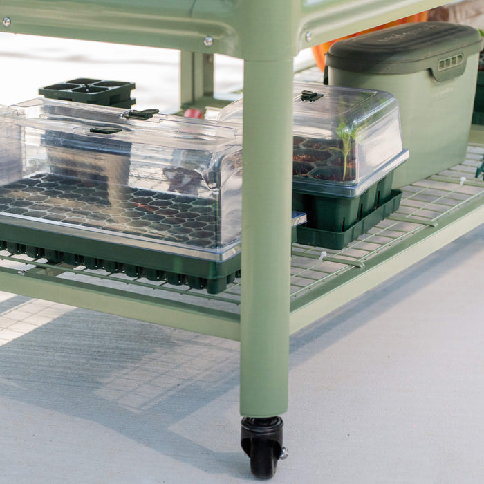 Sage green plant stand with seedling trays, clear humidity domes, and small plant starts. Features caster wheels.