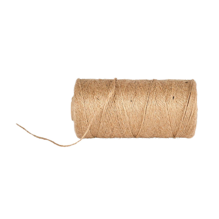 Brown jute twine spool with a loose end. Natural craft string for gardening, packaging, and DIY.