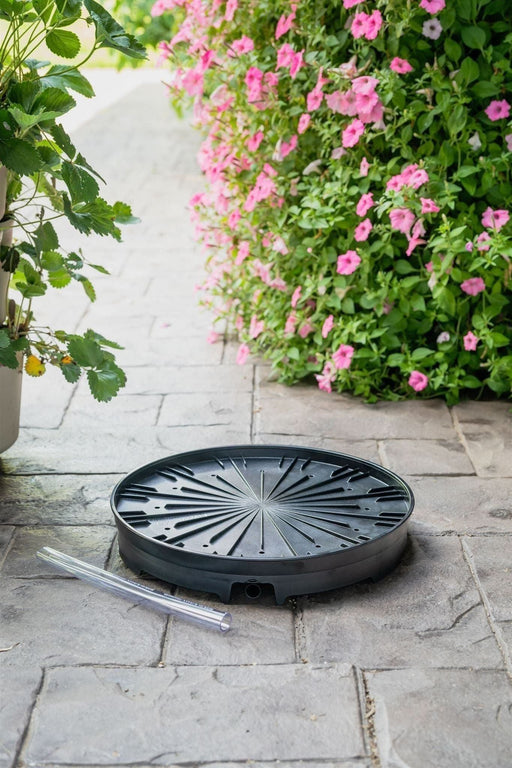 Black self-watering planter base, water level tube on stone patio. Strawberry plant, vibrant pink petunias in garden background.