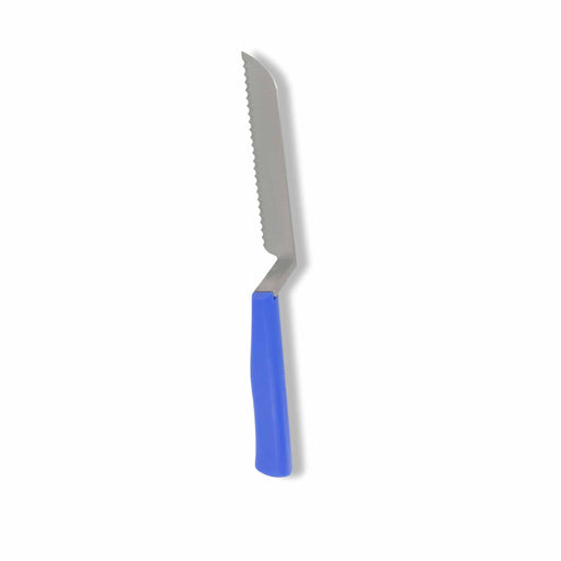 Blue handle offset serrated knife with stainless steel blade for slicing cakes and bread.