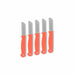Five-piece orange handle stainless steel knife set. Kitchen utility cutlery for versatile prep.