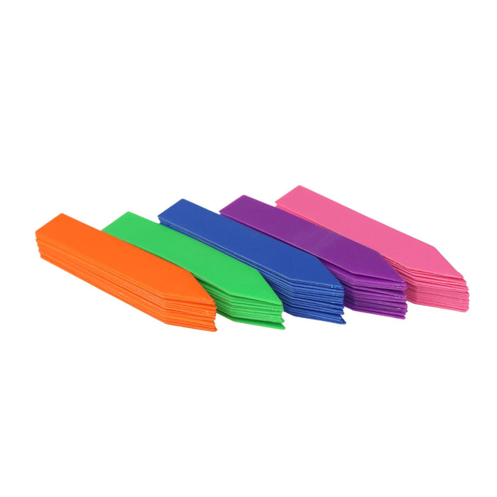 Assorted colorful plastic plant labels for gardening. Durable waterproof garden markers in orange, green, blue, purple, pink.