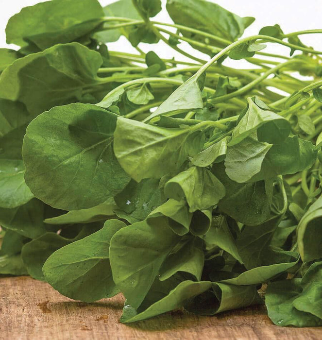 Vibrant green watercress, a healthy leafy vegetable, on a rustic wooden board.