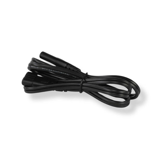 Coiled black SPT-2 18AWG DC power cable with male and female connectors.