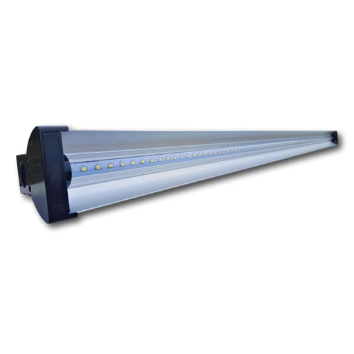 Long aluminum LED light fixture with black end caps, featuring a row of yellow chips. Bright, energy-efficient lighting.