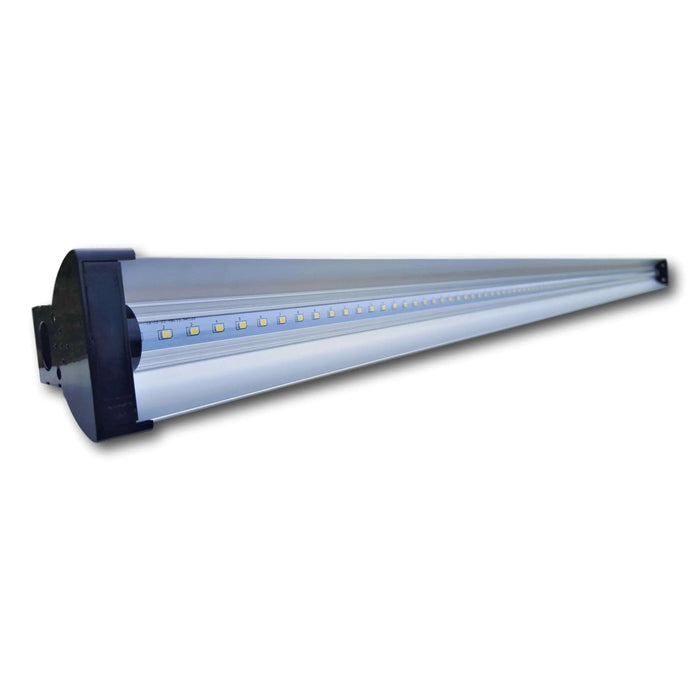 Long aluminum LED light fixture with black end caps, featuring a row of yellow chips. Bright, energy-efficient lighting.