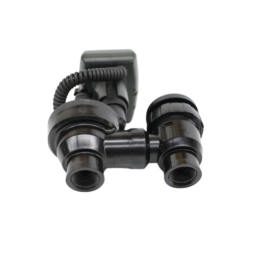 Black irrigation manifold with two threaded ports, integrated sensor, and coiled cable for water flow control.