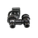 Black irrigation manifold with two threaded ports, integrated sensor, and coiled cable for water flow control.