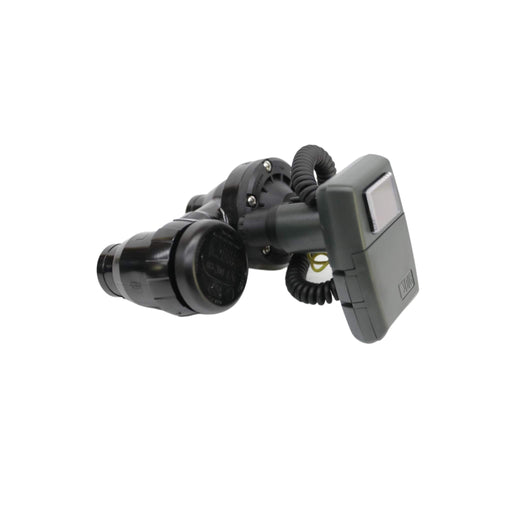 DIG brand black irrigation system controller with flow sensor, digital display, and coiled cable.