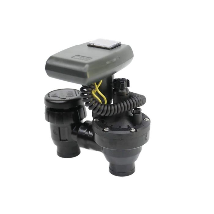 Automatic black irrigation sprinkler valve with dark gray control unit, solar panel, and yellow wires.