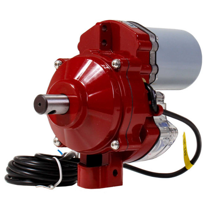Red circulation pump motor with grey housing, exposed shaft, and power cable. Durable industrial machinery.