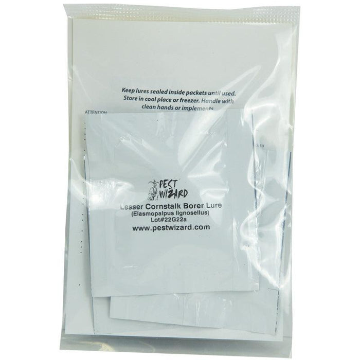 Pest Wizard Lesser Cornstalk Borer Lure, Elasmopalpus lignosellus pheromone trap refill, in sealed packets.