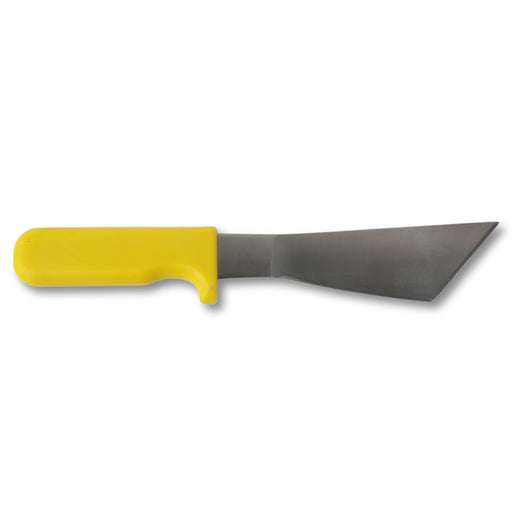 Yellow handle angled utility scraper knife, ideal for trimming and removal tasks.