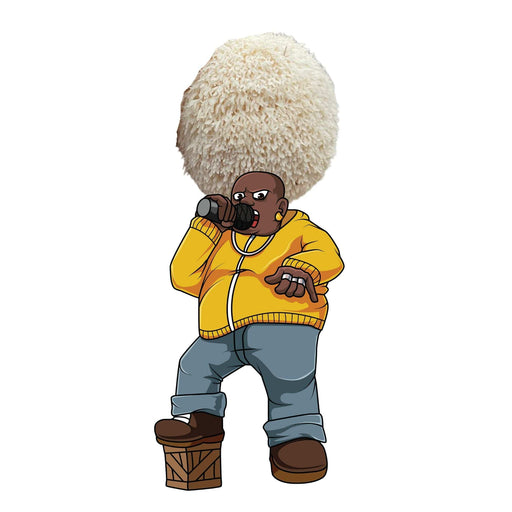 Cartoon rapper with fluffy rice head, yellow hoodie, singing into microphone. Hip hop character.