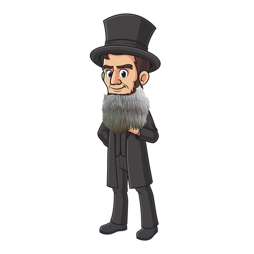 Cartoon Abraham Lincoln in a top hat and suit with a long, shaggy light-grey beard.