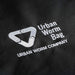Urban Worm Bag logo and 'Urban Worm Company' white embroidery on black fabric for vermicomposting.