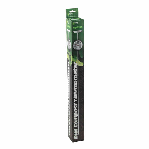 Luster Leaf Rapitest Dial Compost Thermometer in green retail packaging. Monitor compost pile temperature for successful gardening.