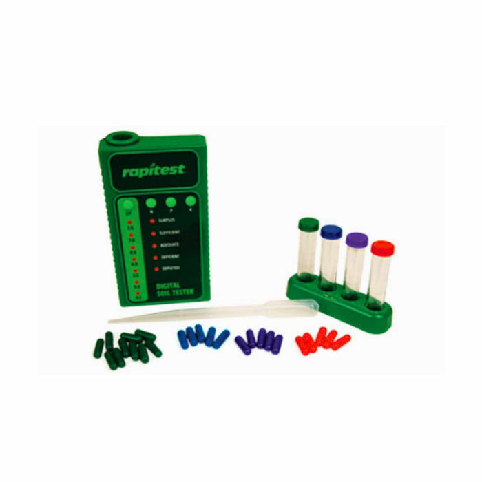 Rapitest Digital Soil Tester kit: meter, test tubes with colored caps, dropper, and reagent capsules for soil pH and nutrient analysis.