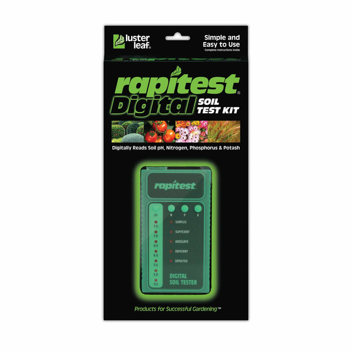Luster Leaf Rapitest Digital Soil Test Kit. Measures soil pH, nitrogen, phosphorus, potash for gardening.