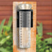 Outdoor glass rain gauge mounted on a wooden post, showing rainfall measurement in millimeters and inches.