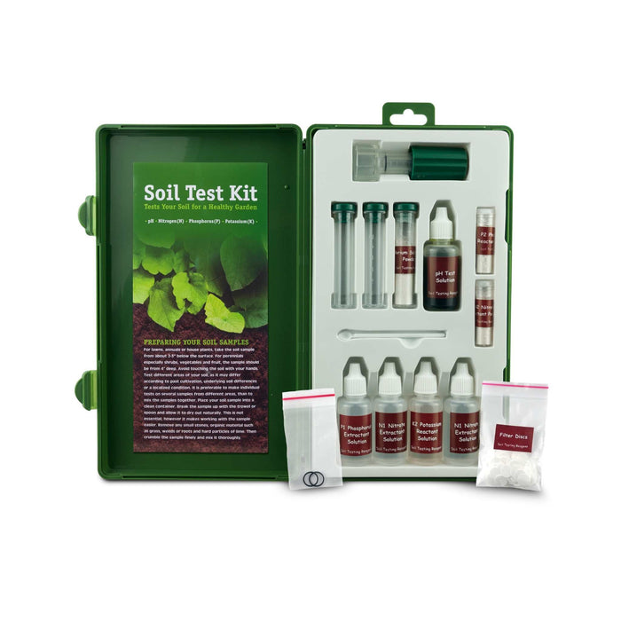 Green soil test kit measures pH, Nitrogen, Phosphorus, Potassium. Essential for healthy garden soil and optimal plant growth.