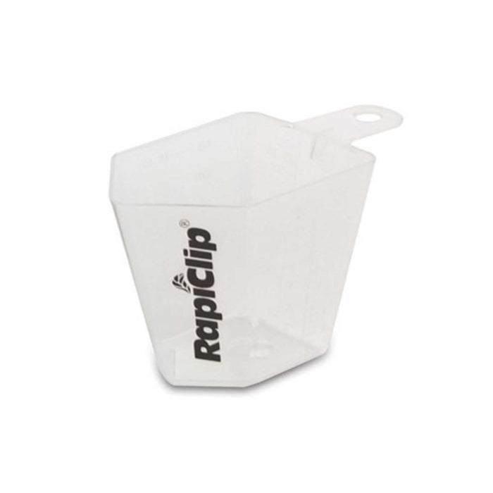 RapiClip clear plastic measuring scoop with handle for laundry detergent or granules.