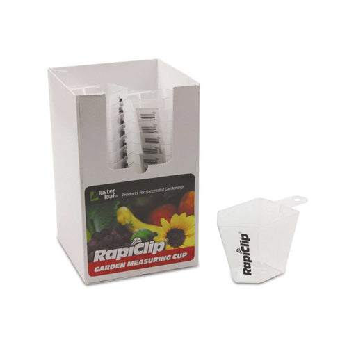 Luster Leaf RapiClip Garden Measuring Cups in a display box, with one clear measuring scoop for gardening or soil testing.