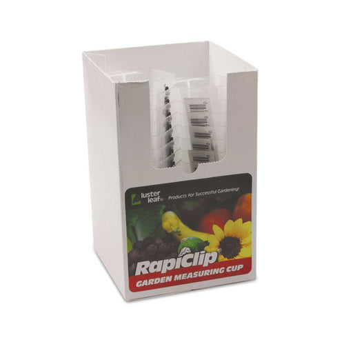 Luster Leaf RapiClip Garden Measuring Cups in a display box, clear plastic scoops for precise gardening.