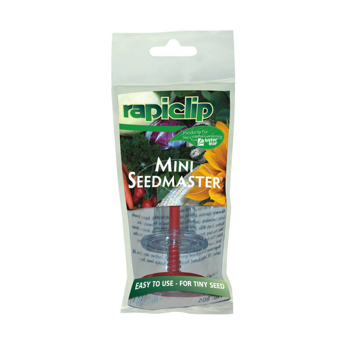 Rapidclip Mini Seedmaster tiny seed dispenser, easy-to-use red and clear garden tool for precise planting.
