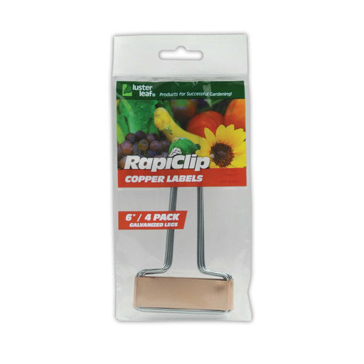 Luster Leaf RapiClip 6" Copper Plant Labels, 4-pack, with galvanized legs for gardening.