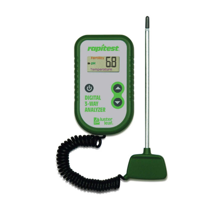 RapiTest Digital 3-Way Soil Analyzer by Luster Leaf. Measures pH, fertility, and temperature for optimal plant health.