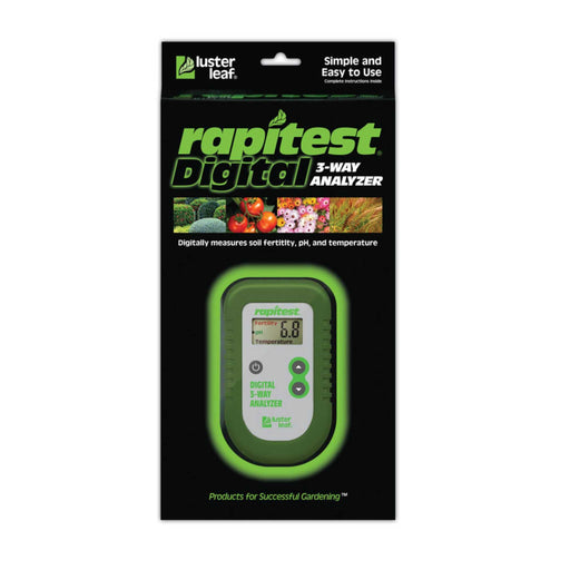 Luster Leaf rapitest Digital 3-Way Soil Analyzer. Tests fertility, pH, temperature for garden care.