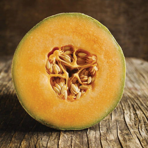 Fresh cantaloupe half, vibrant orange flesh, green rind, seeds, rustic wood background. Healthy summer fruit.