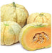 Creamy ribbed melons, one sliced revealing vibrant orange flesh and seeds. Fresh cantaloupe fruit.