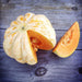 Sliced white winter squash with vibrant orange flesh and seeds on a rustic wooden table.