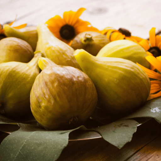 Autumn harvest: Plump green and brown figs with fig leaves and bright yellow rudbeckia flowers on rustic wood.