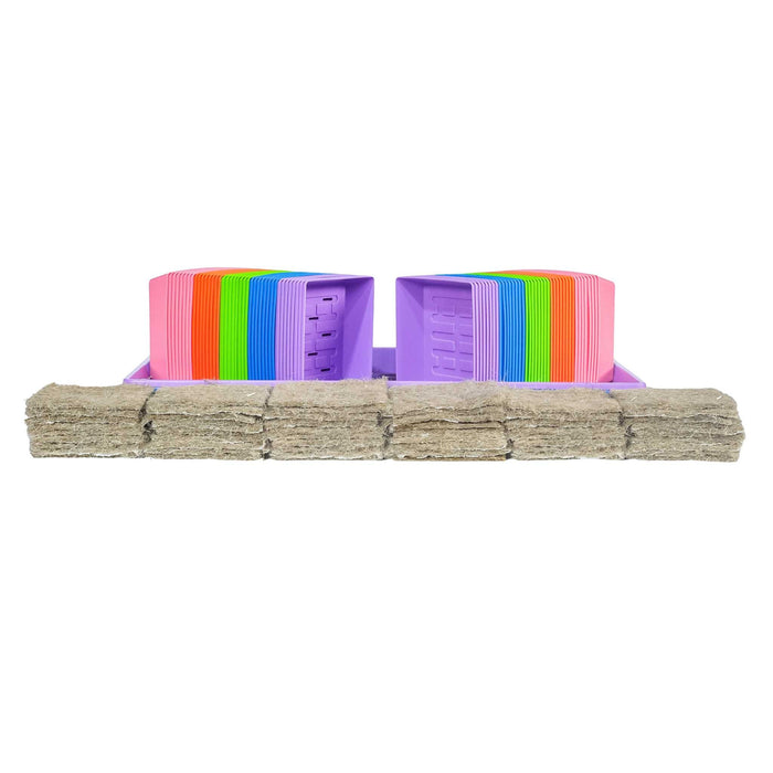 Colorful rainbow plant pots and coco coir growing mats for seeds or microgreens.