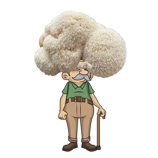 Cartoon old man with fluffy white Lion's Mane mushroom hair, gray mustache, and cane. Brain health, memory support.