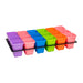 Colorful plastic seedling pots in a black tray. Square mini plant starter pots in purple, pink, blue, green, orange for gardening.