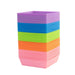 Stacked colorful square plastic plant pots: purple, blue, green, orange, pink. Ideal for seedlings or crafts.