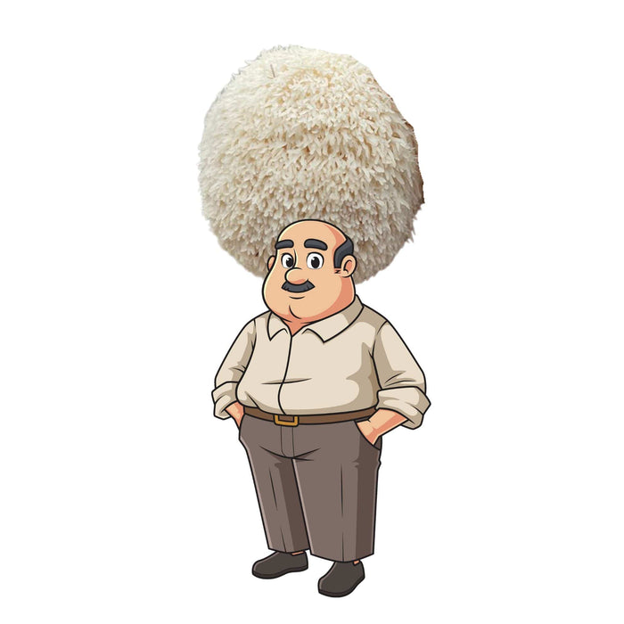 Cartoon man with mustache and bald head balancing a large pile of white rice on his head.