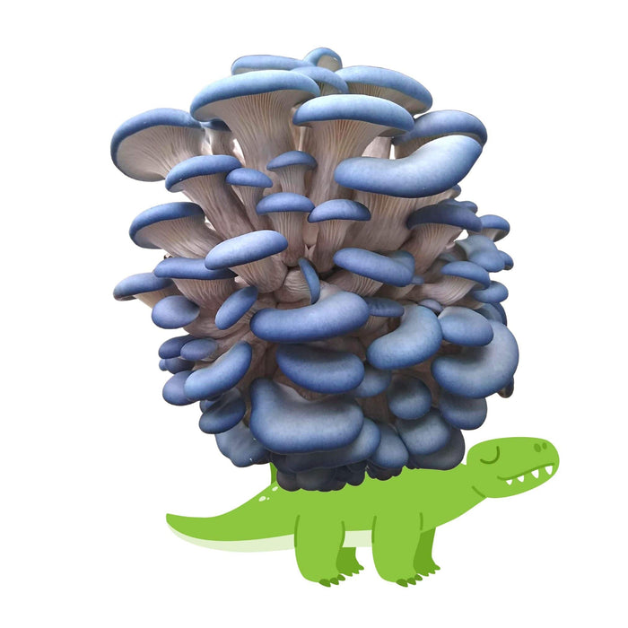 Cheerful green dinosaur carrying a large cluster of vibrant blue oyster mushrooms.