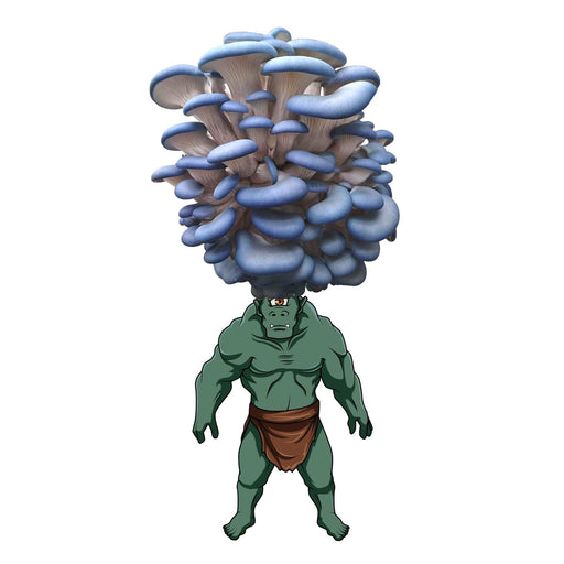 Muscular green cyclops creature with a large cluster of blue oyster mushrooms on its head. Fantasy monster.
