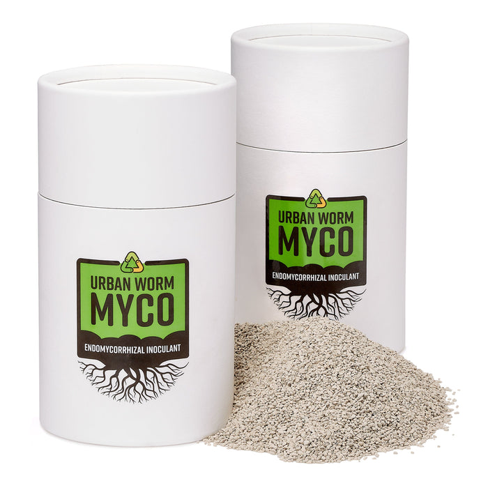 Two Urban Worm Myco Endomycorrhizal Inoculant containers with granular product. Boosts plant root growth & soil health.